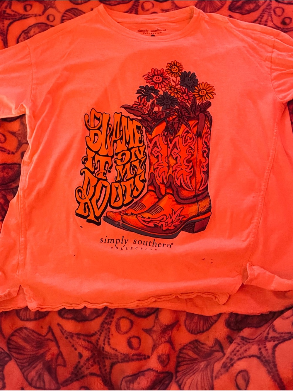 Simply Southern Coral-Orange Graphic Tee with Floral Cowboy Boots